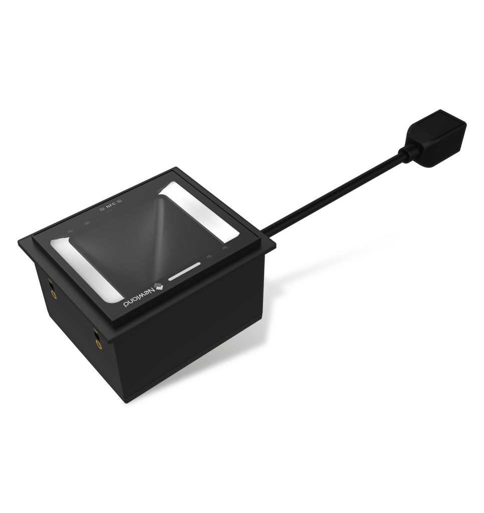Newland FM3281 Grouper fixed-mount 2D scanner with NFC, USB kit (NLS-FM3281-NFC-20) – 3/4 view with attached lead