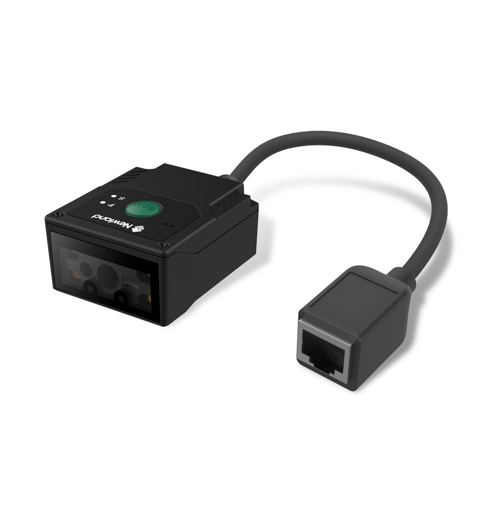 Newland FM431 Barracuda PRO fixed-mount 2D scanner, RS-232 kit with power adapter (NLS-FM431-SR-RC) – 3/4 view with attached cable