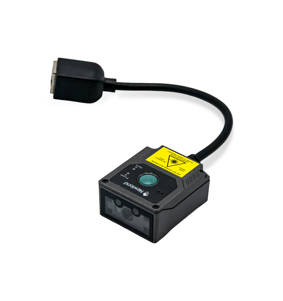 Newland FM430 Barracuda fixed-mount 2D scanner, laser aimer, short USB kit (NLS-FM430L-00) – 3/4 view with attached cable