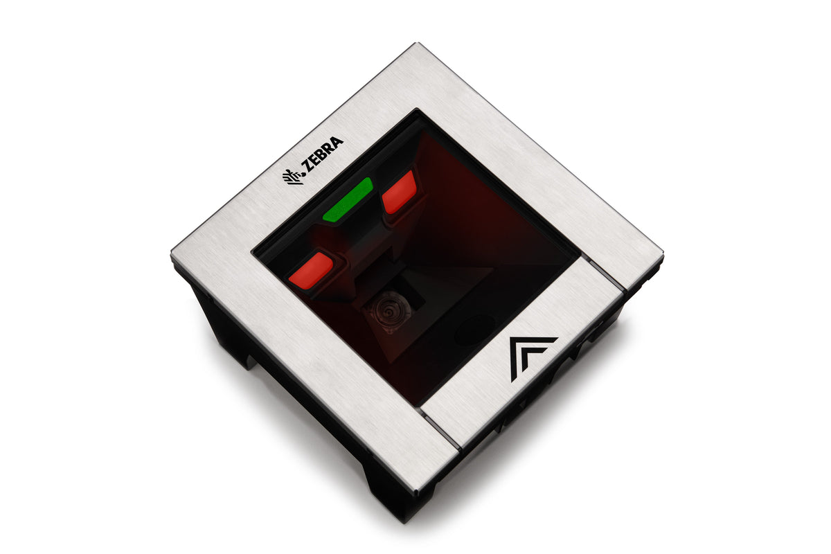 Zebra SP7208-H horizontal in-counter scanner with Checkpoint EAS, sapphire glass (SP7208-SH00004SCWW) – left 3/4 view, illuminated