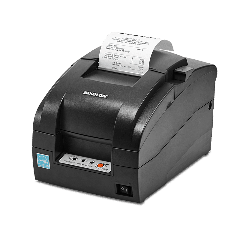 Bixolon SRP-275III dot matrix (impact) receipt printer, tear bar, USB + parallel, dark grey (SRP-275IIICOPG/BEG) – 3/4 view printing a receipt