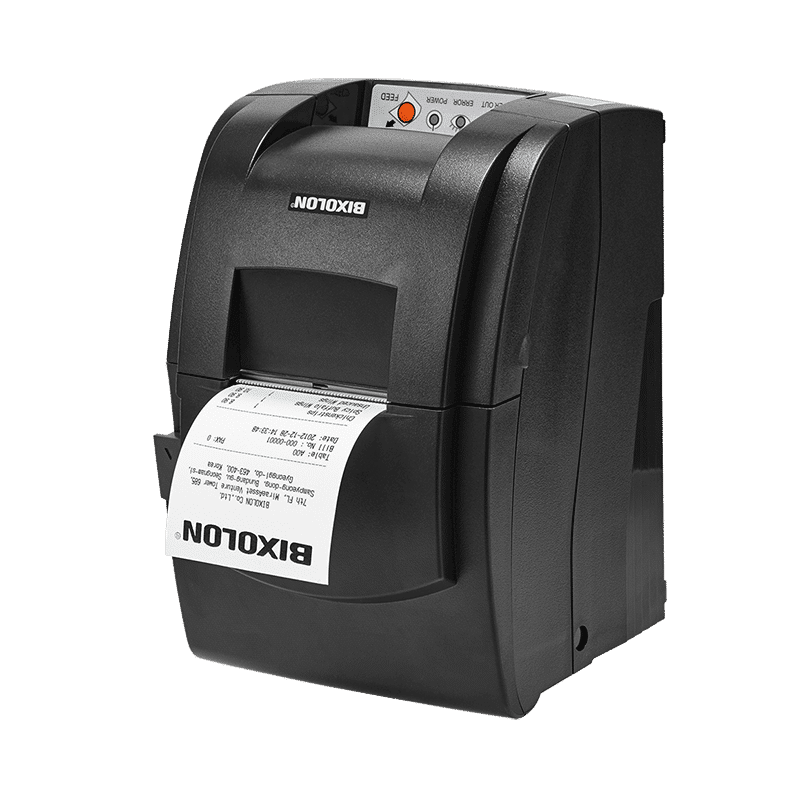 Bixolon SRP-275III dot matrix (impact) receipt printer, tear bar, USB + parallel, dark grey (SRP-275IIICOPG/BEG) – front view with receipt