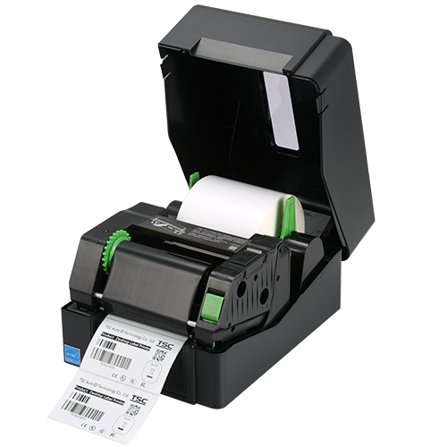 TSC TE200 desktop thermal transfer label printer, 203 dpi, USB, black (99-065A101-00LF00) – open cover, ribbon and media loaded