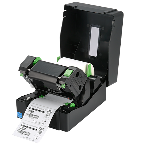 TSC TE210 desktop thermal transfer label printer, 203 dpi, USB/Ethernet/RS-232, black (99-065A301-00LF00) – open cover, ribbon mechanism