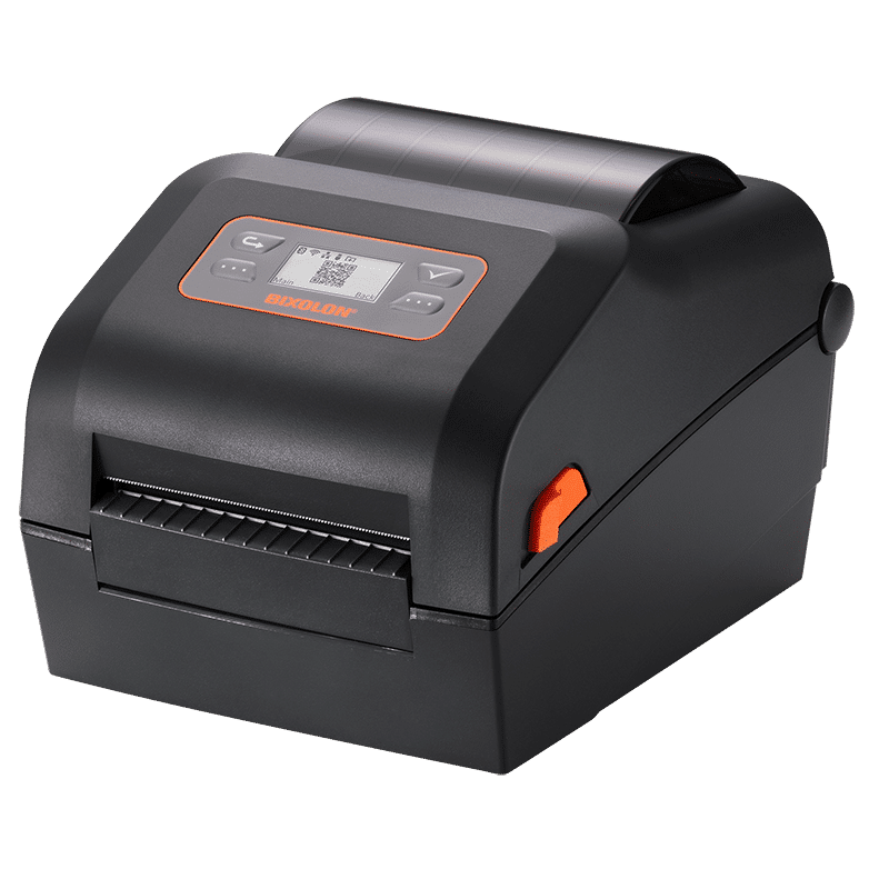 BIXOLON XD5-40d 4-inch direct thermal desktop label printer, black (XD5-40dEBK) – front view with LCD