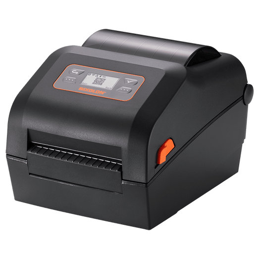 BIXOLON XD5-43d 4-inch direct thermal desktop label printer, black (XD5-43DEK/BEG) – front view with LCD