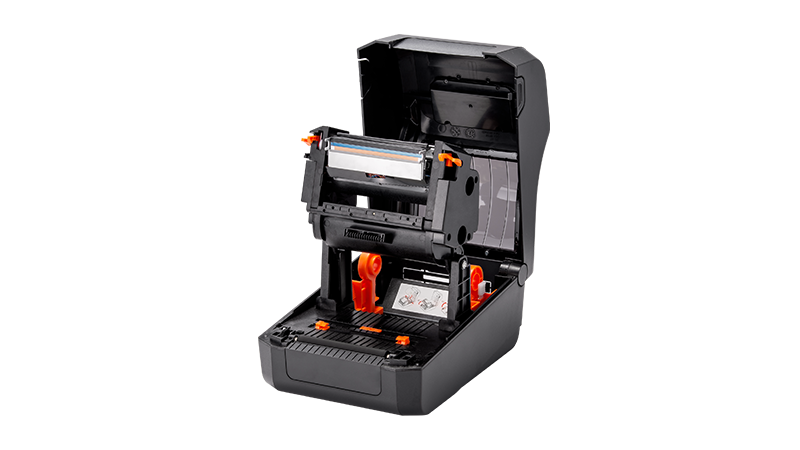 BIXOLON XD5-40t 4-inch thermal transfer desktop label printer, LCD, black (XD5-40tOEBK) – open cover, ribbon mechanism