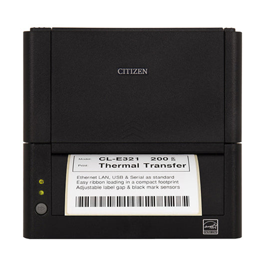 Citizen CL-E321EX 4-inch thermal transfer desktop label printer, 203 dpi, USB and Bluetooth, black (CLE321EXXEBTXX) – front view with label, black