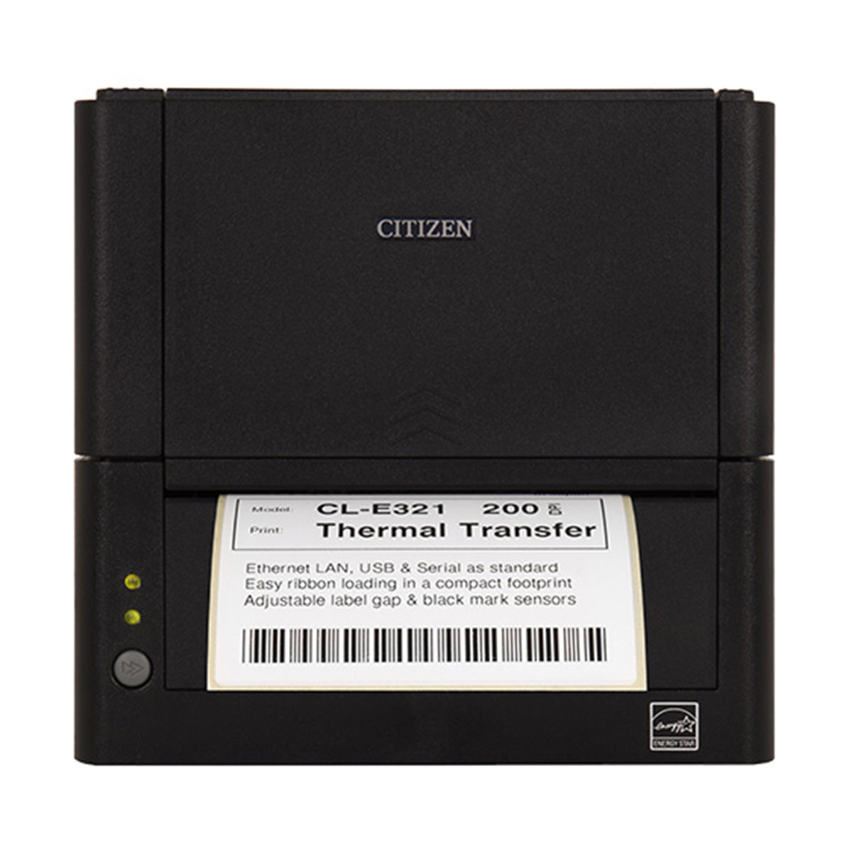 Citizen CL-E331 4-inch thermal transfer desktop label printer, 300 dpi, USB, RS-232 and Ethernet, black (CLE331XEBXXX) – front view with label, black