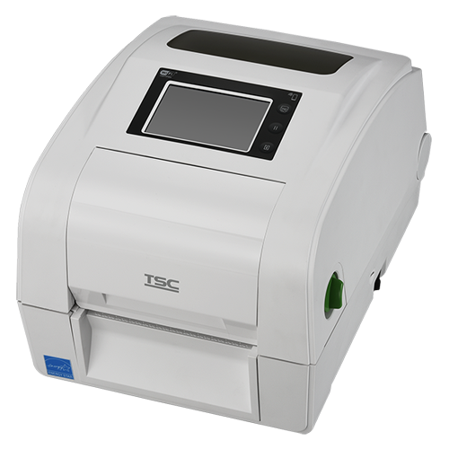 TSC TH240TRCHC 4-inch healthcare desktop thermal transfer label printer, 203 dpi, ribbon cartridge, white (TH240HC-A002-0002) – front 3/4 view, white