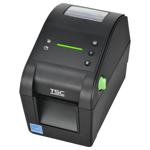 TSC DH320E 2-inch desktop direct thermal label printer, 300 dpi, USB, LED, black (DH320E-A001-0003) – angled view