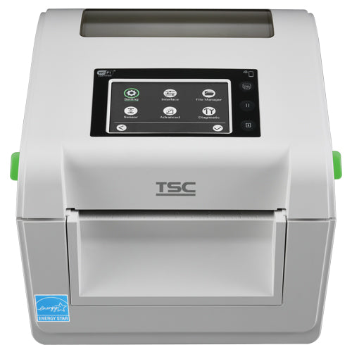 TSC DH240THC 4-inch healthcare desktop direct thermal label printer, 203 dpi, touch display, white (DH240HC-A001-0002) – angled view
