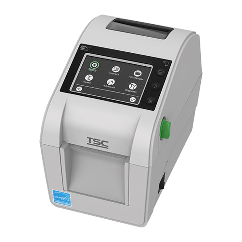 TSC DH220THC 2-inch healthcare desktop direct thermal label printer, 203 dpi, touch display, white (DH220HC-A001-0002) – angled view