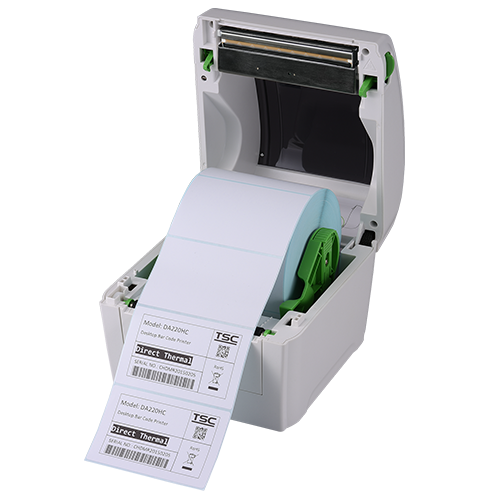 TSC DA220W 4-inch direct thermal desktop label printer for healthcare, 203 dpi, USB + Ethernet, with external roll mount, white (DA220W-A001-21C2) – angled view