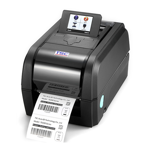 TSC TX210 4-inch desktop thermal transfer label printer, 203 dpi, LED, black (TX210-A001-1302) – angled view