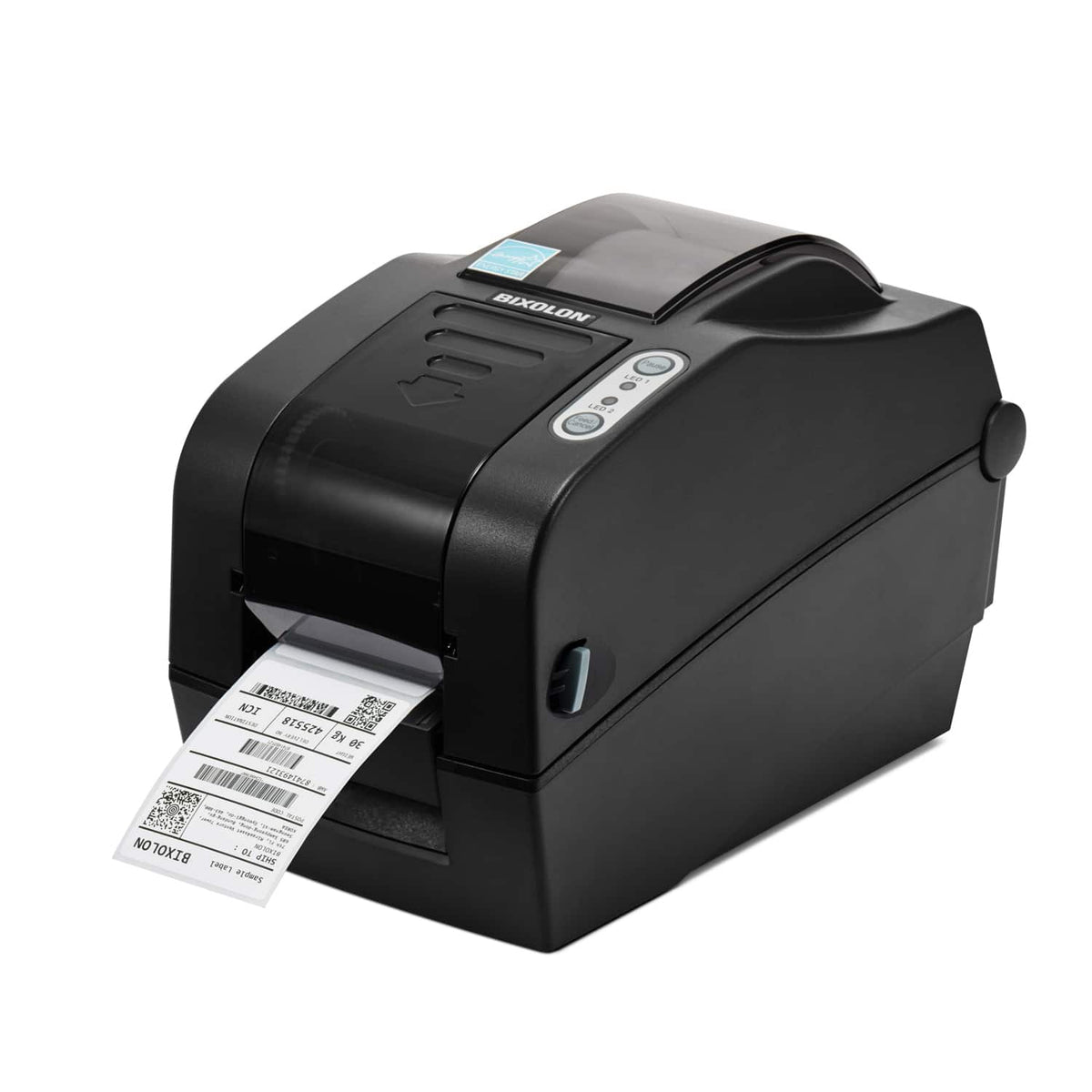 BIXOLON SLP-TX220 2-inch thermal transfer desktop label printer, dark grey (SLP-TX220G) – front view with label