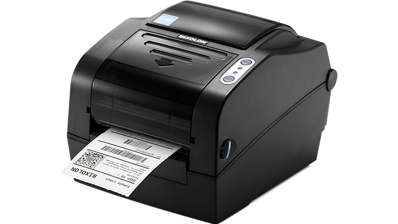 BIXOLON SLP-TX423 4-inch thermal transfer desktop label printer, dark grey (SLP-TX423G) – front view with label