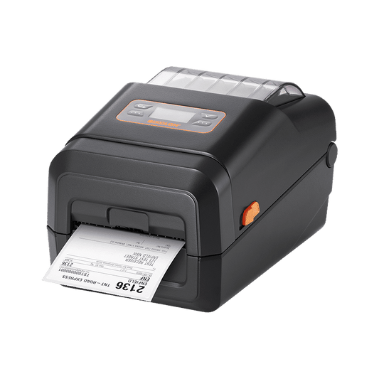 BIXOLON XL5-43CT linerless desktop label printer with LCD and auto cutter, 300 dpi, USB, RS-232, Ethernet, dark grey (XL5-43CTOEG) – printing a label
