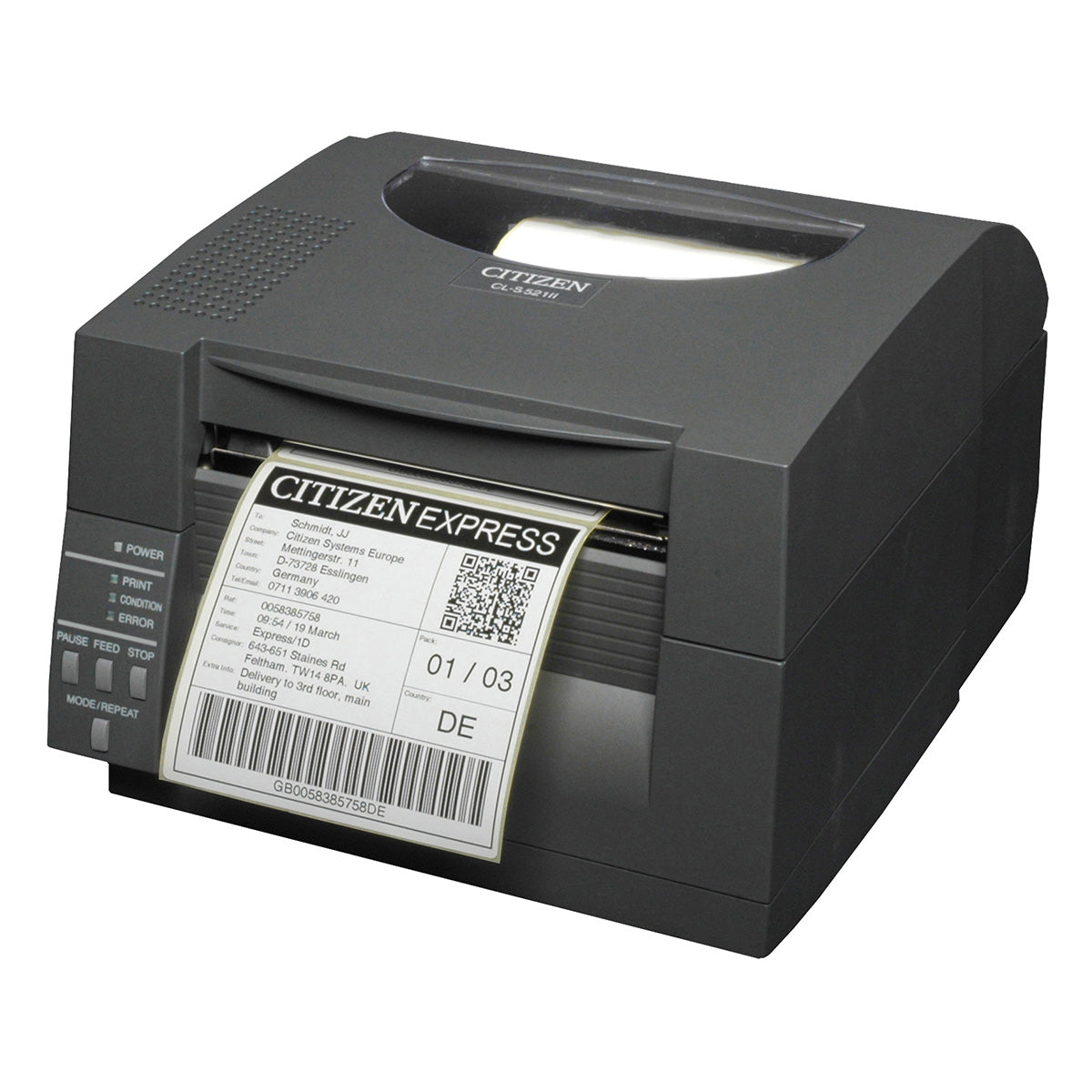 Citizen CL-S531II 4-inch direct thermal desktop label printer, 300 dpi, USB and RS-232, black (CLS531IINEBXX) – front view