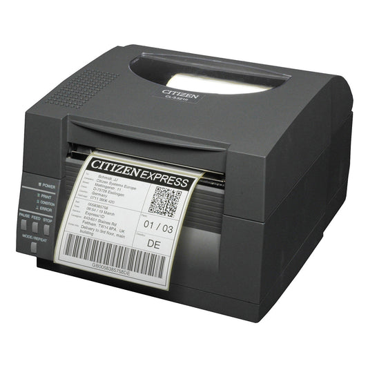 Citizen CL-S531II 4-inch direct thermal desktop label printer, 300 dpi, USB and RS-232, black (CLS531IINEBXX) – front view