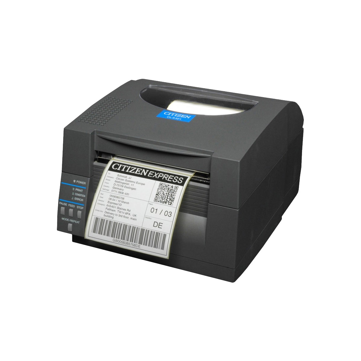 Citizen CL-S531II 4-inch direct thermal desktop label printer, 300 dpi, USB and RS-232, black (CLS531IINEBXX) – angled view