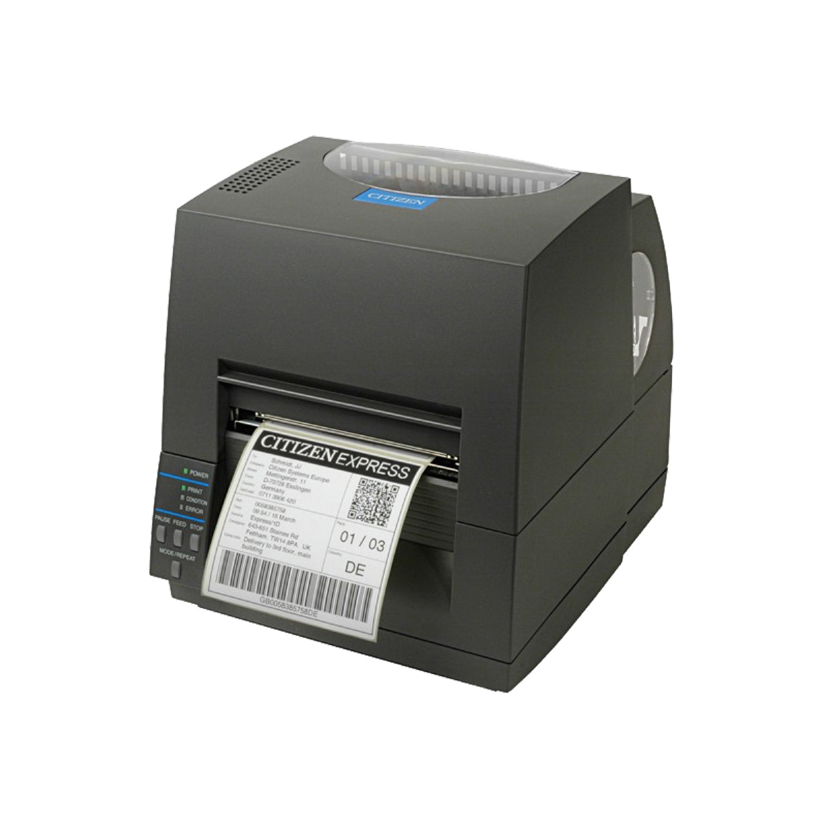 Citizen CL-S621II 4-inch thermal transfer desktop label printer, 203 dpi, USB and RS-232, black (CLS621IINEBXX) – angled view