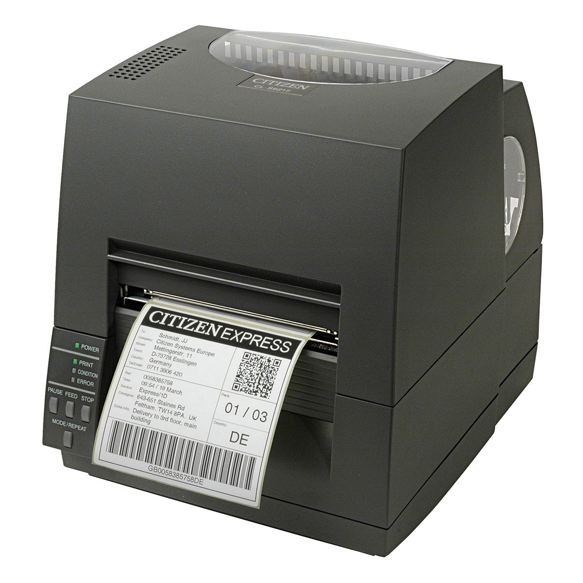 Citizen CL-S621II 4-inch thermal transfer desktop label printer, 203 dpi, USB and RS-232, black (CLS621IINEBXX) – front view