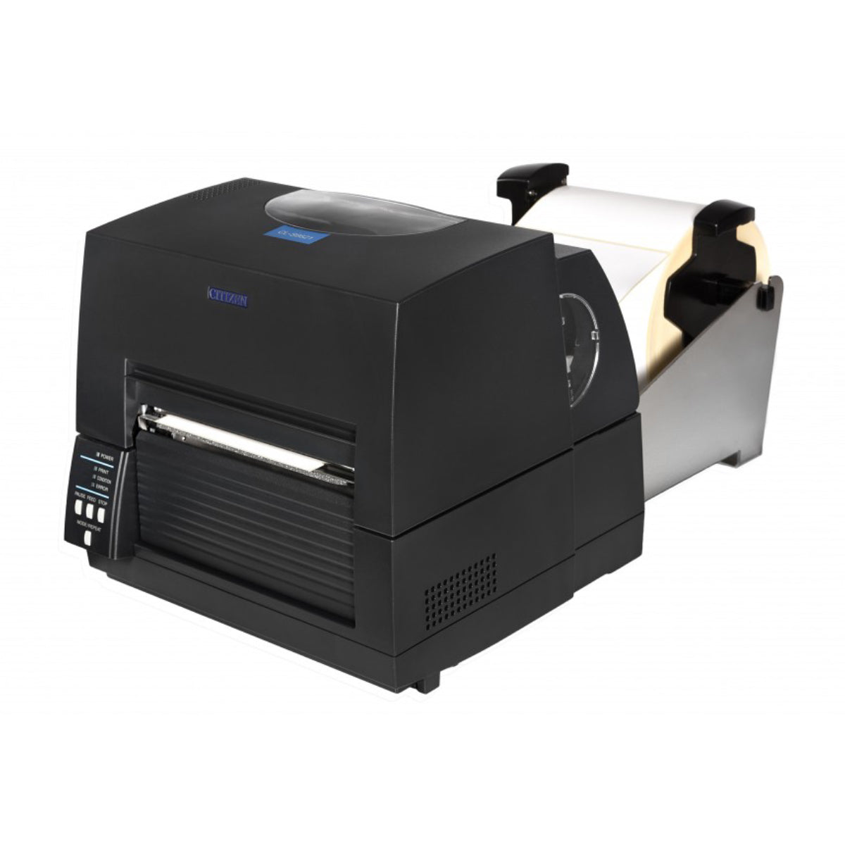 Citizen CL-S6621XL 6-inch thermal transfer desktop label printer with 8-inch external roll holder, 203 dpi, USB and RS-232, black (1000859) – side view with roll holder