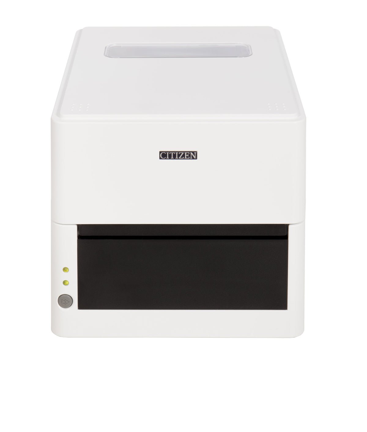 Citizen CL-E300 4-inch direct thermal desktop label printer, 203 dpi, USB, RS-232 and Ethernet, pure white (CLE300XEWXXX) – angled front view