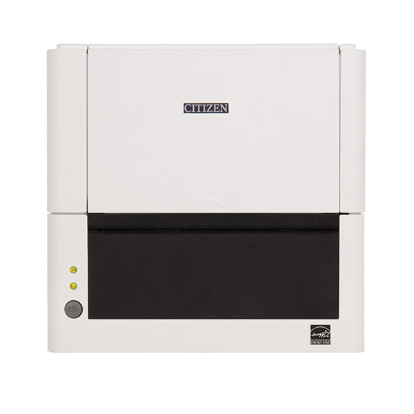 Citizen CL-E331 4-inch thermal transfer desktop label printer, 300 dpi, USB, RS-232 and Ethernet, pure white (CLE331XEWXXX) – front view