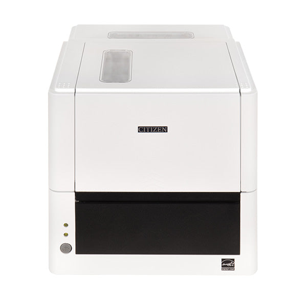 Citizen CL-E331 4-inch thermal transfer desktop label printer, 300 dpi, USB, RS-232 and Ethernet, pure white (CLE331XEWXXX) – angled front view
