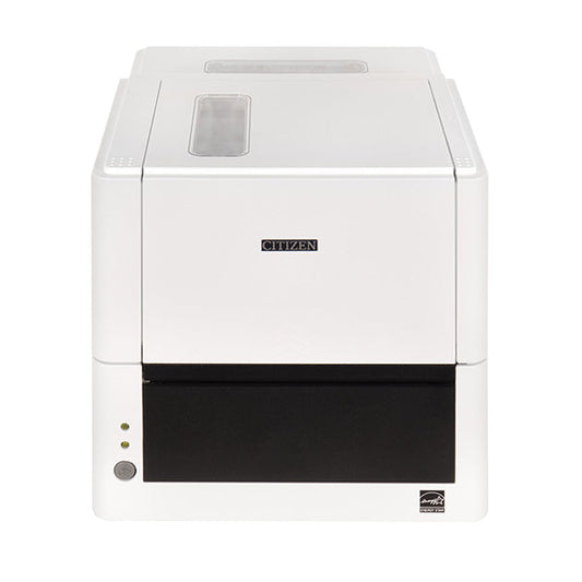 Citizen CL-E331 4-inch thermal transfer desktop label printer, 300 dpi, USB, RS-232 and Ethernet, pure white (CLE331XEWXXX) – angled front view