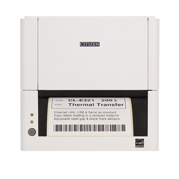 Citizen CL-E331 4-inch thermal transfer desktop label printer, 300 dpi, USB, RS-232 and Ethernet, pure white (CLE331XEWXXX) – printing a label