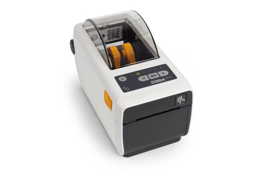 Zebra ZD411-HC healthcare desktop label printer, white, 203 dpi, Wi-Fi 6 + Bluetooth (ZD4AH22-D0EX02EZ) – front view