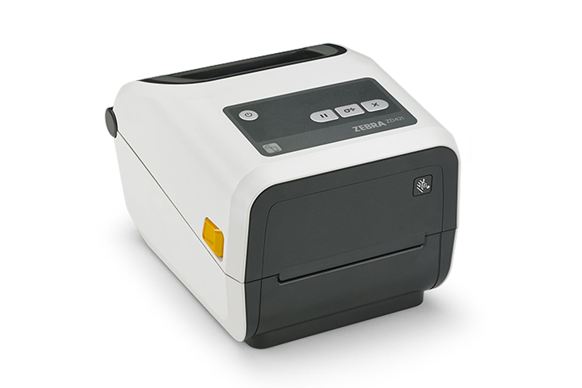 Zebra ZD421c-HC healthcare ribbon cartridge label printer, white, 203 dpi, USB + Ethernet (ZD4AH42-C0EE00EZ) – front view