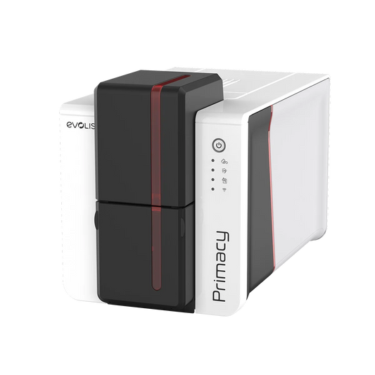 Evolis Primacy 2 plastic card printer, single-sided, LED panel, USB + Wi-Fi, 300 dpi, dye sublimation / thermal transfer (PM2-0003-E) – angled front view with LED panel