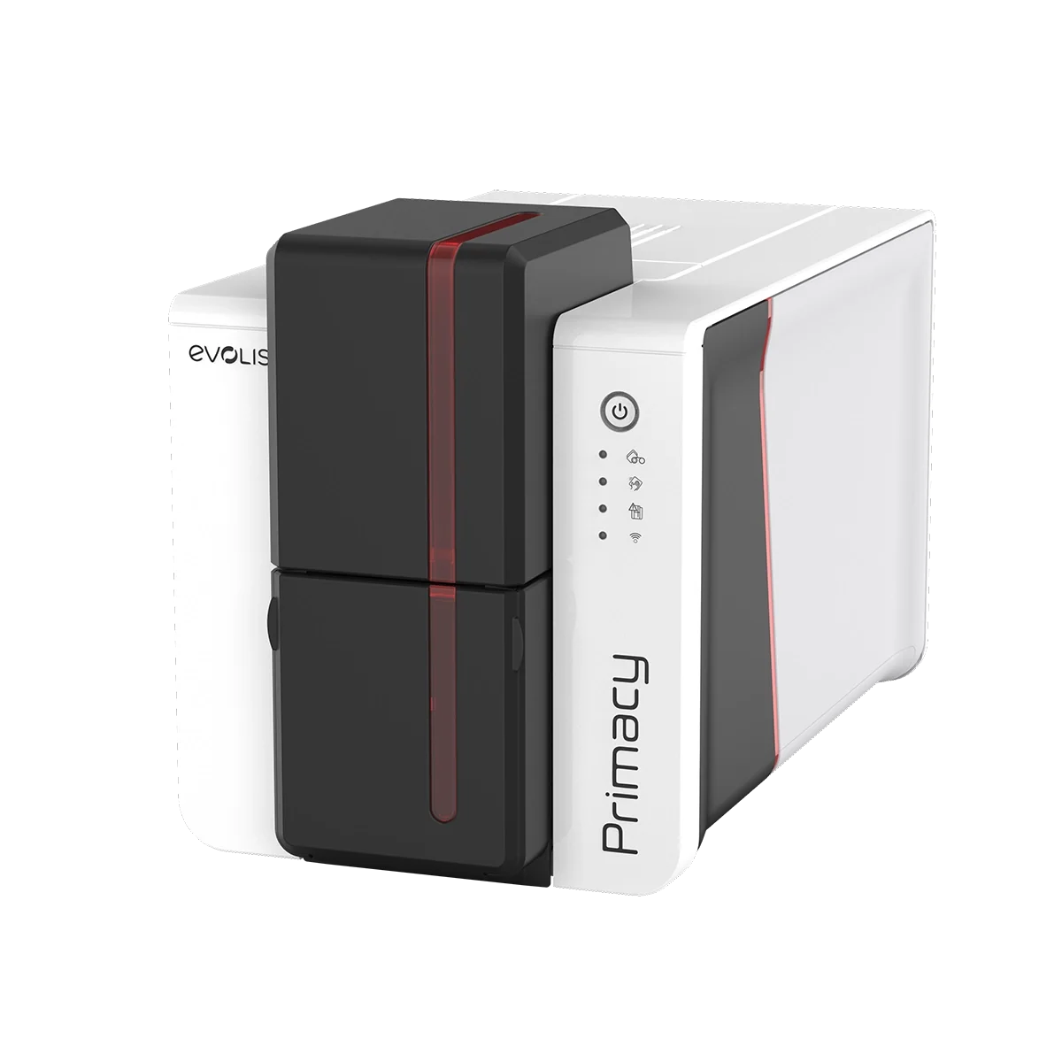 Evolis Primacy 2 plastic card printer, single-sided, LED panel, USB + Ethernet, GO PACK (ribbon + 100 cards), 300 dpi, dye sublimation / thermal transfer (PM2S-GP2-E) – angled front view with LED panel