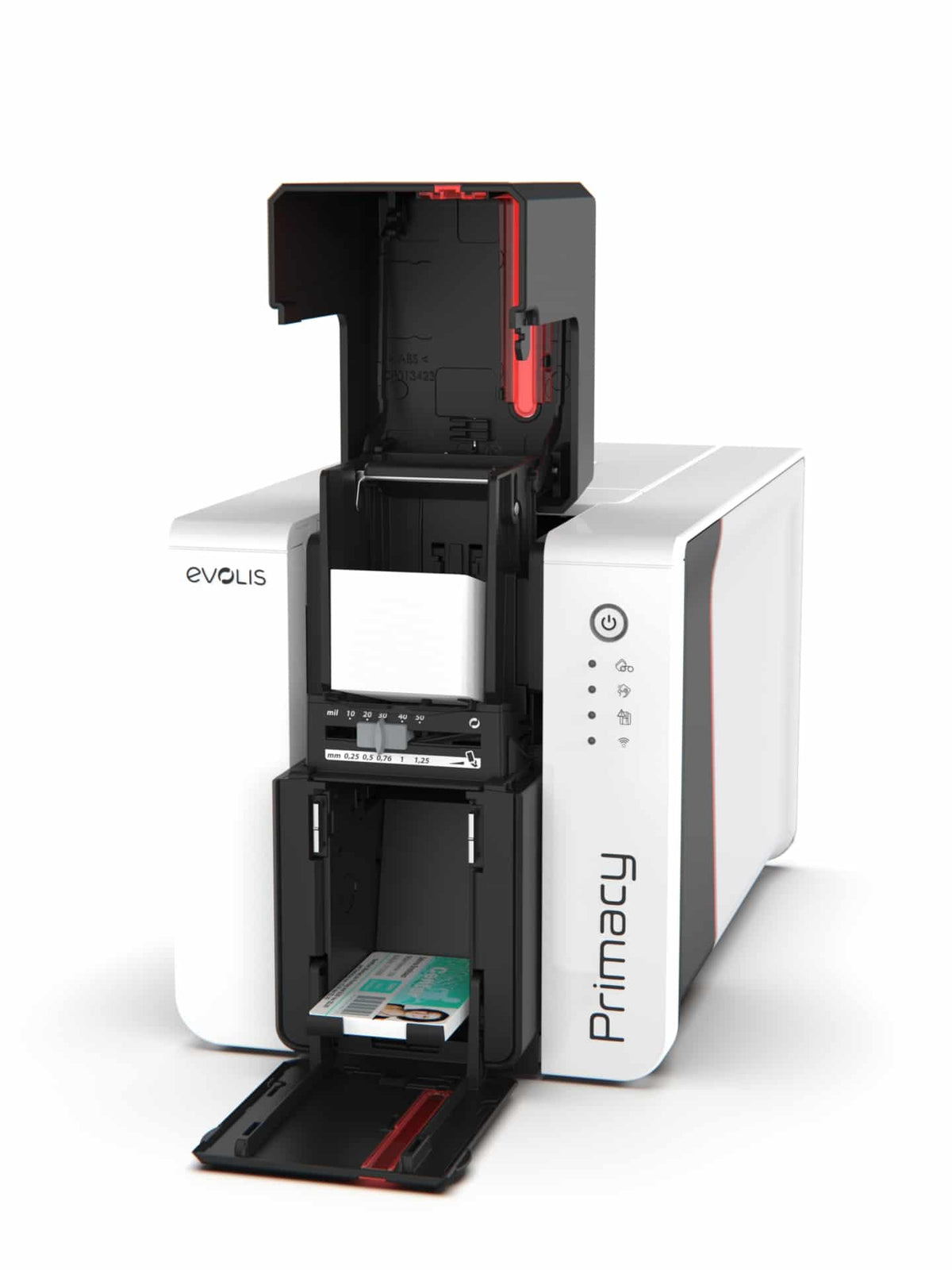 Evolis Primacy 2 plastic card printer, dual-sided, LED panel, USB + Ethernet, kineclipse, 300 dpi, dye sublimation / thermal transfer (PM2-0035) – card feeder and output hopper open