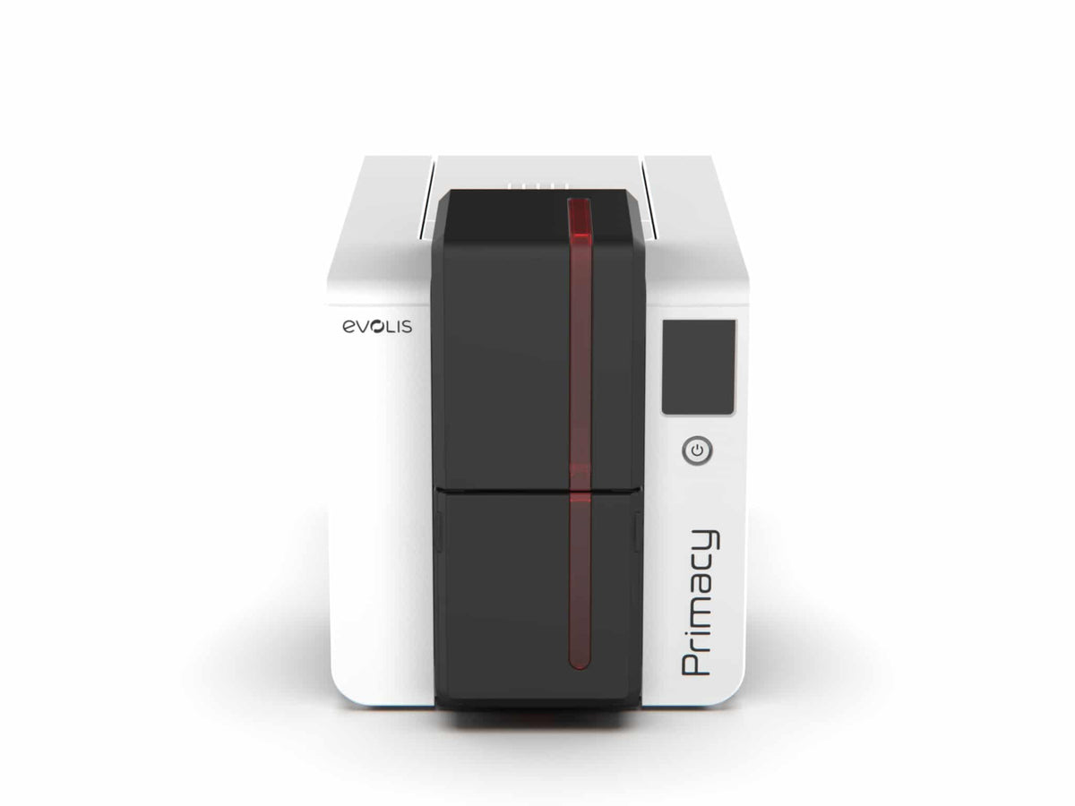 Evolis Primacy 2 plastic card printer, dual-sided, colour LCD touchscreen, USB + Ethernet, 300 dpi, dye sublimation / thermal transfer (PM2-0013-E) – front view with LCD touchscreen