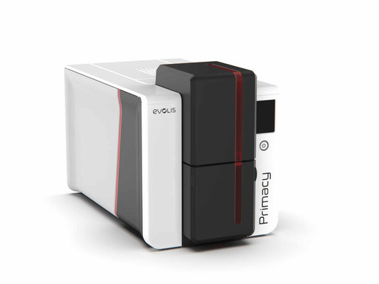Evolis Primacy 2 plastic card printer, dual-sided, colour LCD touchscreen, USB + Ethernet, 300 dpi, dye sublimation / thermal transfer (PM2-0013-E) – angled view