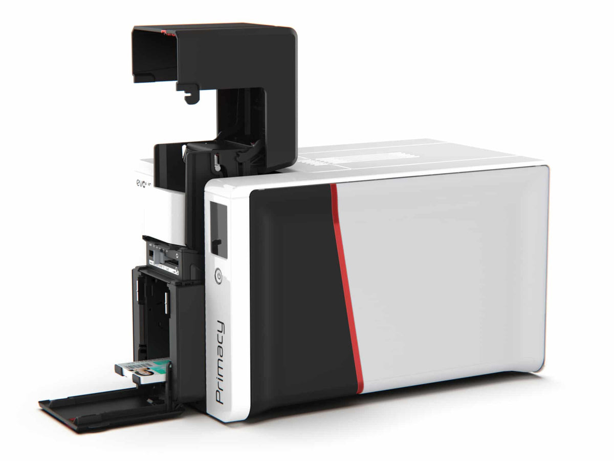 Evolis Primacy 2 plastic card printer, dual-sided, colour LCD touchscreen, USB + Ethernet, 300 dpi, dye sublimation / thermal transfer (PM2-0013-E) – feeder and cover open