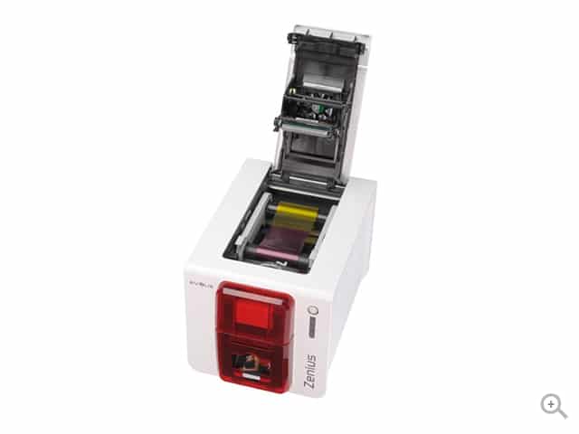 Evolis Zenius Expert plastic card printer, fire red, single-sided, USB + Ethernet, contactless encoder, 300 dpi, dye sublimation / thermal transfer (ZN1H00HSRS) – open cover