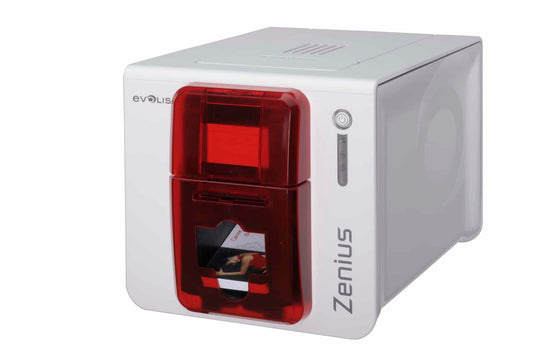 Evolis Zenius Classic GO PACK plastic card printer, fire red, single-sided, USB, 300 dpi, dye sublimation / thermal transfer (ZN1U-GP1) – front view