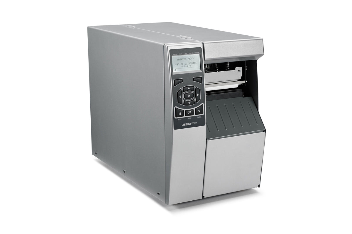 Zebra ZT510 industrial label printer, multi-line LCD, tear-off, 300 dpi, thermal transfer (ZT51043-T0EC000Z) – angled front view