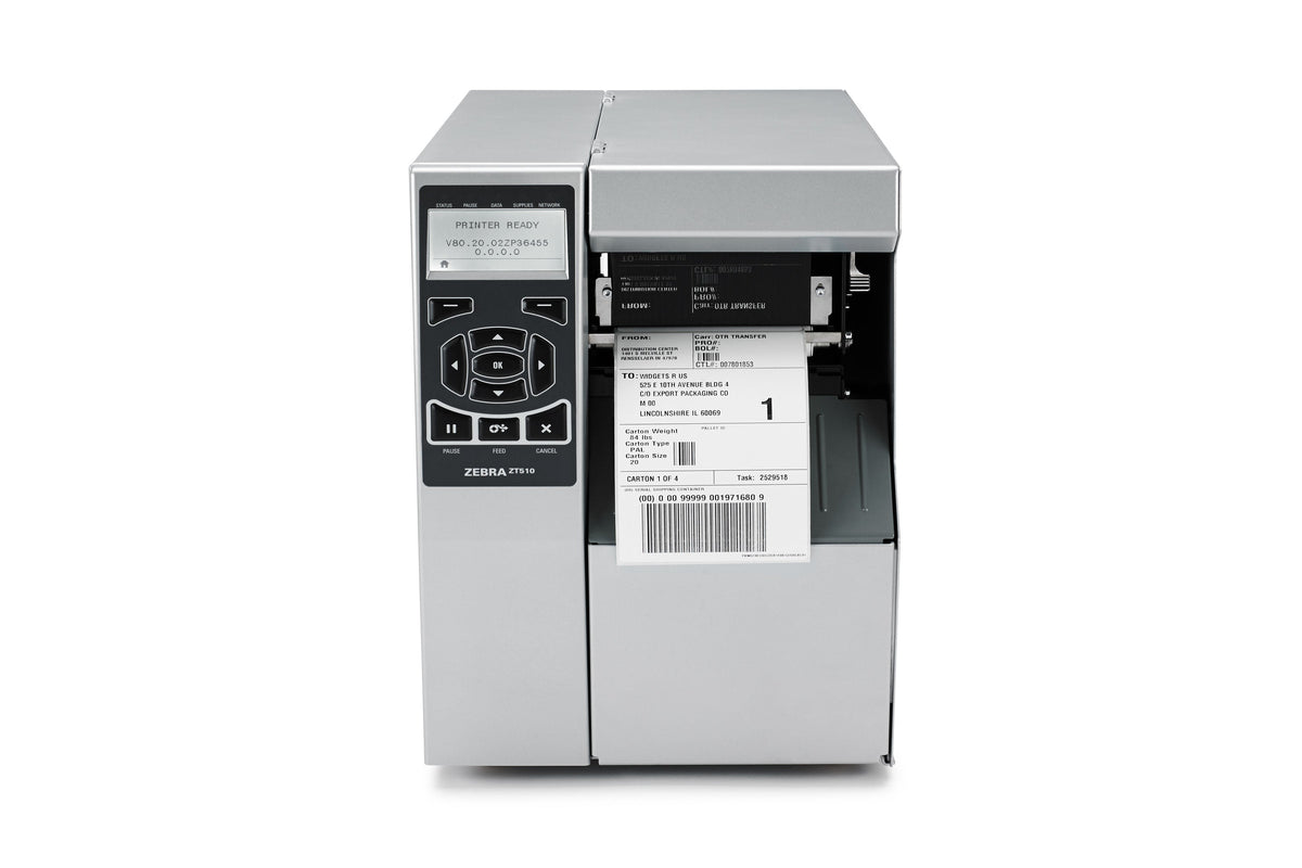 Zebra ZT510 industrial label printer, multi-line LCD, tear-off, 300 dpi, thermal transfer (ZT51043-T0EC000Z) – front view printing a label