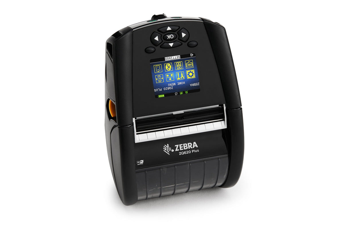 Zebra ZQ620 Plus mobile receipt and label printer, black, Wi-Fi + Bluetooth, linerless (ZQ62-AUWBE14-00) – front 3/4 view