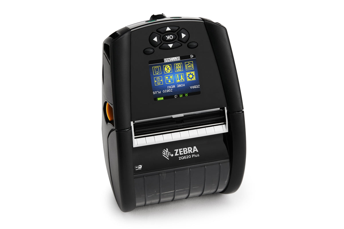 Zebra ZQ620 Plus mobile receipt and label printer, black, Wi-Fi + Bluetooth, linerless (ZQ62-AUWBE14-00) – front view