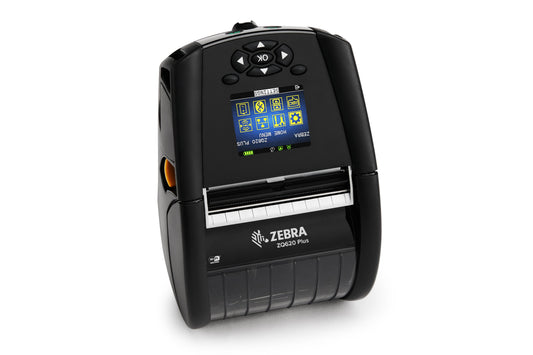 Zebra ZQ620 Plus mobile receipt and label printer, black, Wi-Fi + Bluetooth, linerless (ZQ62-AUWBE14-00) – front view