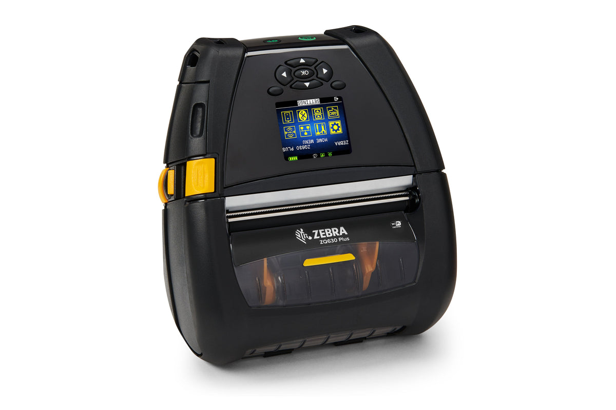 Zebra ZQ630 Plus mobile receipt and label printer, black, Wi-Fi + Bluetooth (ZQ63-AUWAE14-00) – front 3/4 view