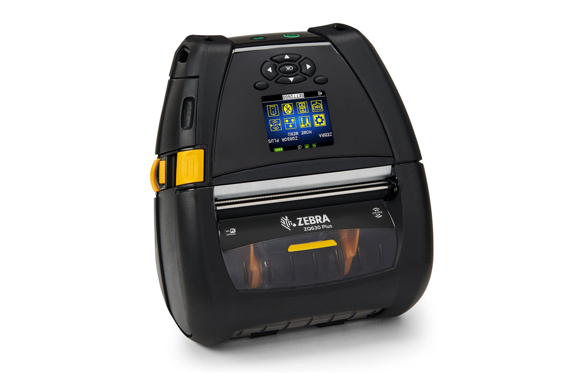 Zebra ZQ630 Plus RFID mobile receipt and label printer, black, Wi-Fi 6 + Bluetooth (ZQ63-RUXAE16-00) – front 3/4 view
